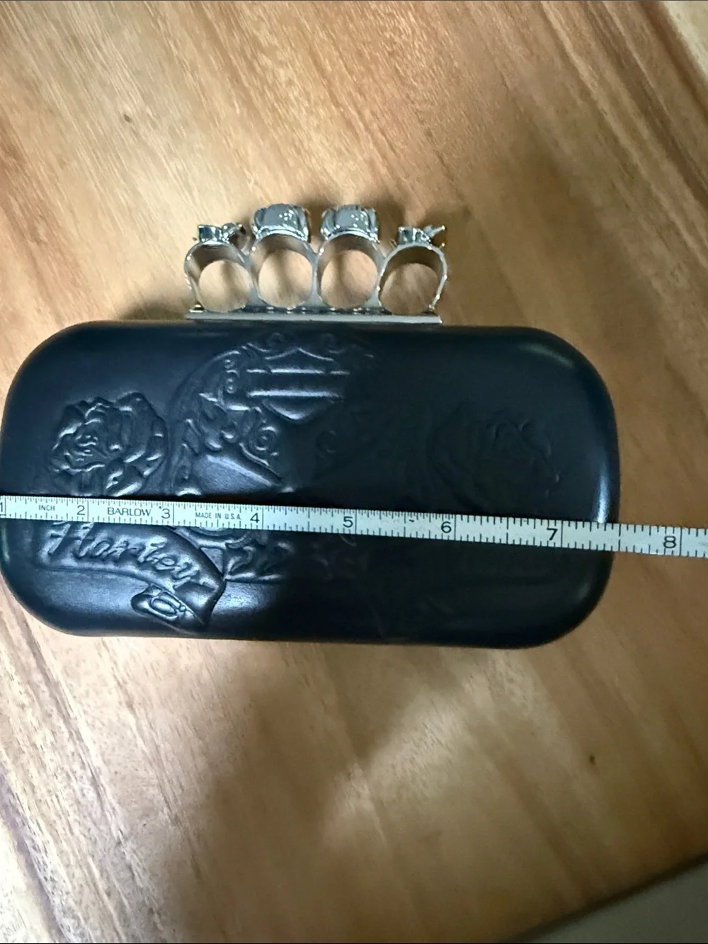 Harley Davidson Black Embossed Skull Knuckle Clutch with Chain